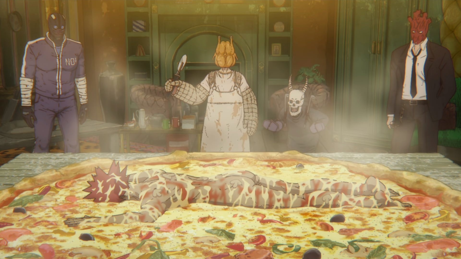 Dorohedoro still of En topping a pizza.