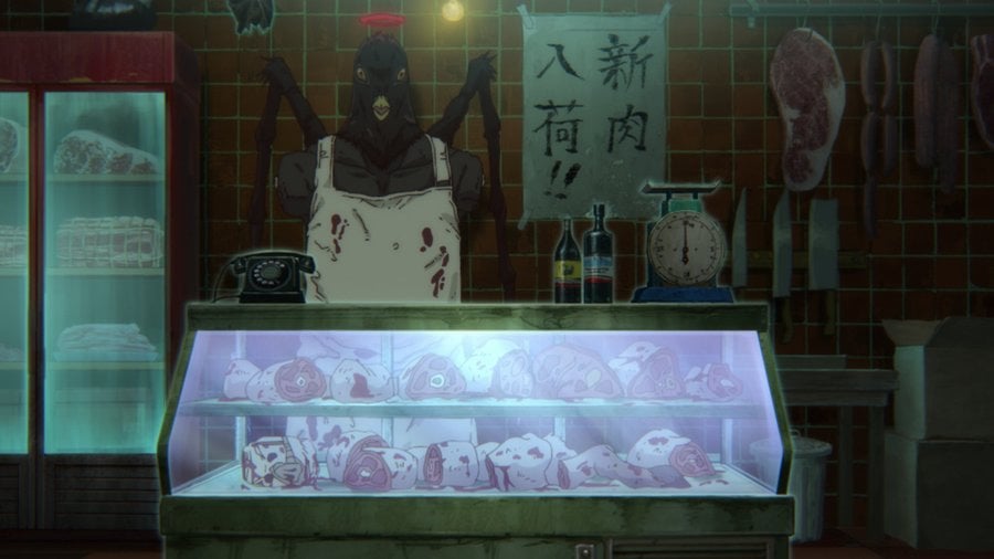 Dorohedoro still of a giant crow running a butchershop.