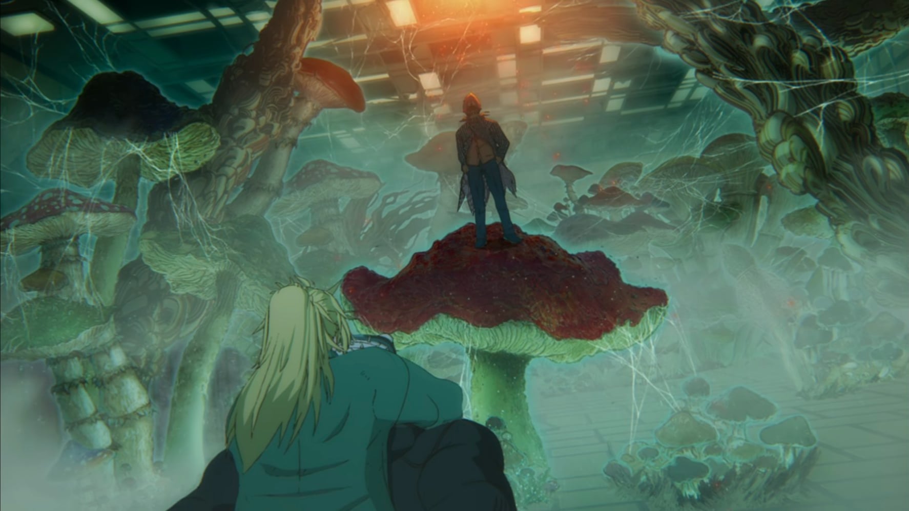 Dorohedoro still of En towering over Nikaido and Caiman.