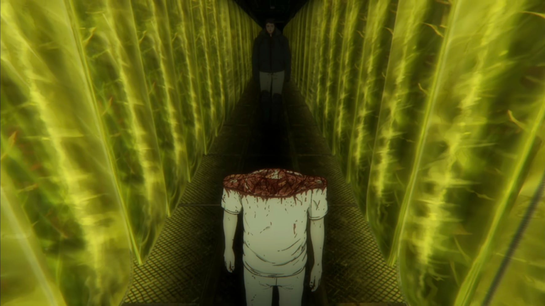 Dorohedoro still of Aikawa being led down a hallway of bagged corpses by a bisected corpse.