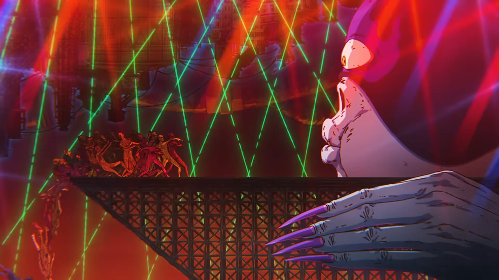 Dorohedoro still of a giant devil blowing skinned people off a platform.