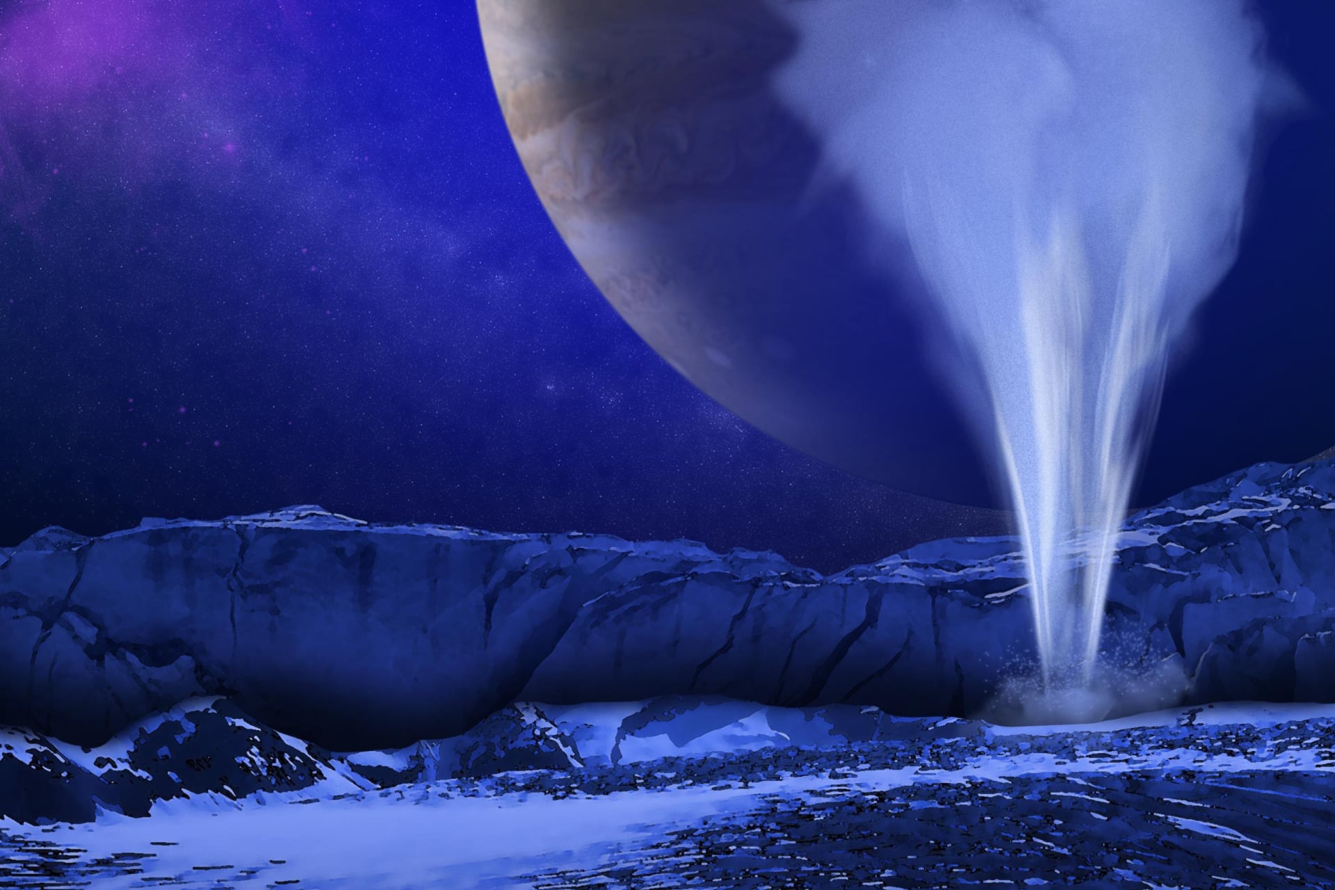 An artist's concept of a plume of water vapor ejected off the icy surface of Europa. 