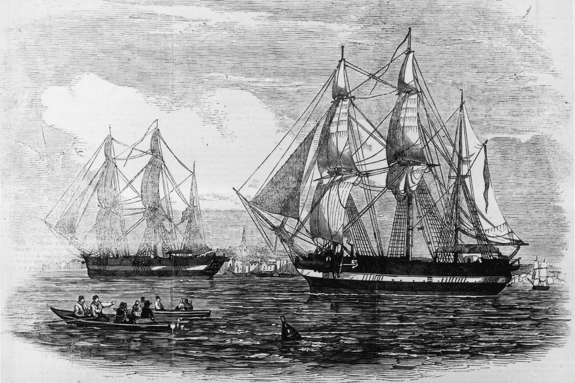 A 1845 engraving depicting the departure of the HMS Erebus and Terror for the Franklin Expedition.