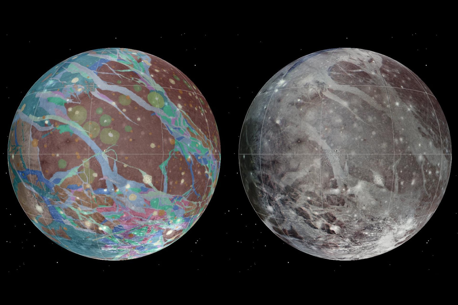 A global image mosaic of Ganymede assembled from imagery taken by NASA spacecrafts Voyager 1 and 2 and Galileo.