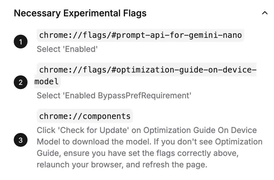 The heading "Necessary Experimental Flags" followed by a bunch of scary-looking instructions for changing defaults. 