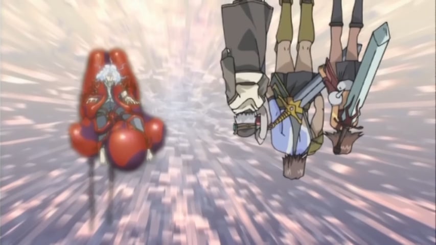 .hack Sign still of Tsukasa's party meeting a myserious figure.