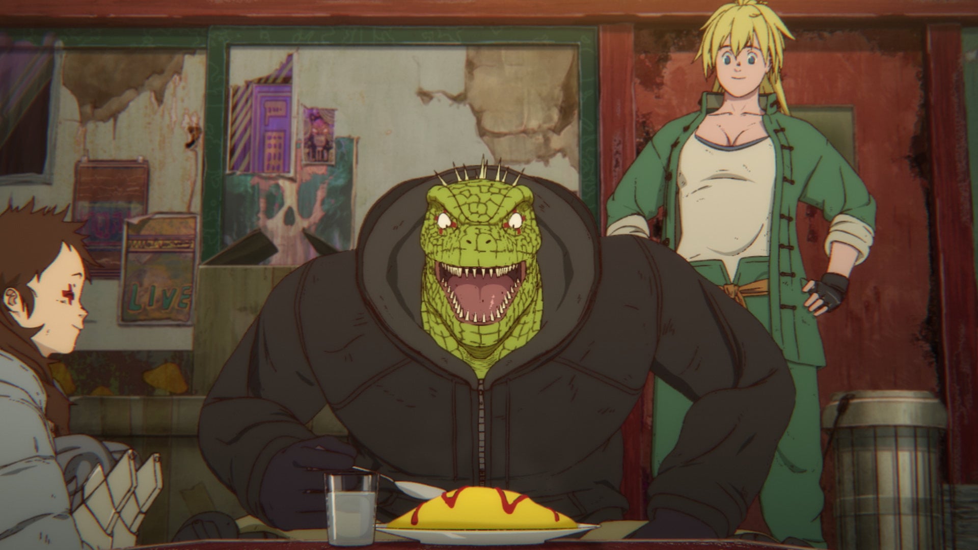 Dorohedoro still of Caiman, Natsuki, and Nikaido eating.