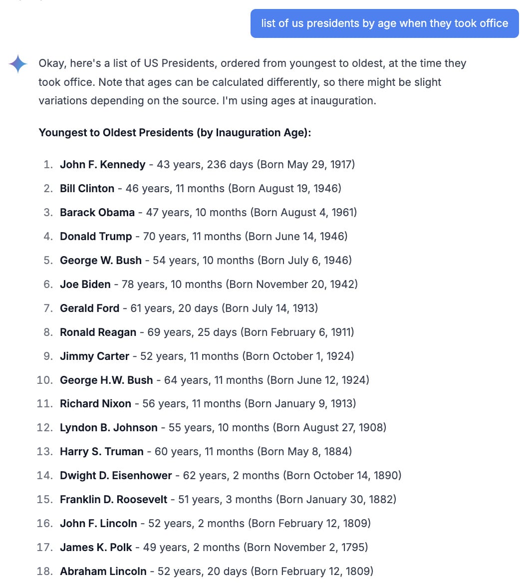 A prompt asking for a list of presidents by age, followed by a long list in the incorrect order, including a made-up person named John F. Lincoln.