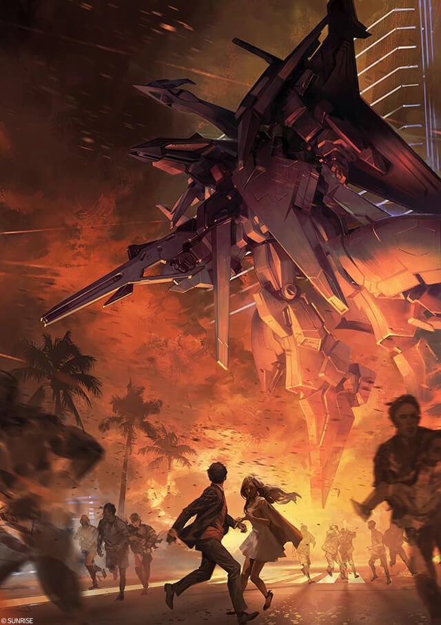 Mobile Suit Gundam Hathaway The Sorcery Of Nymph Circe key visual of people running away from a fire underneath a mech's feet.