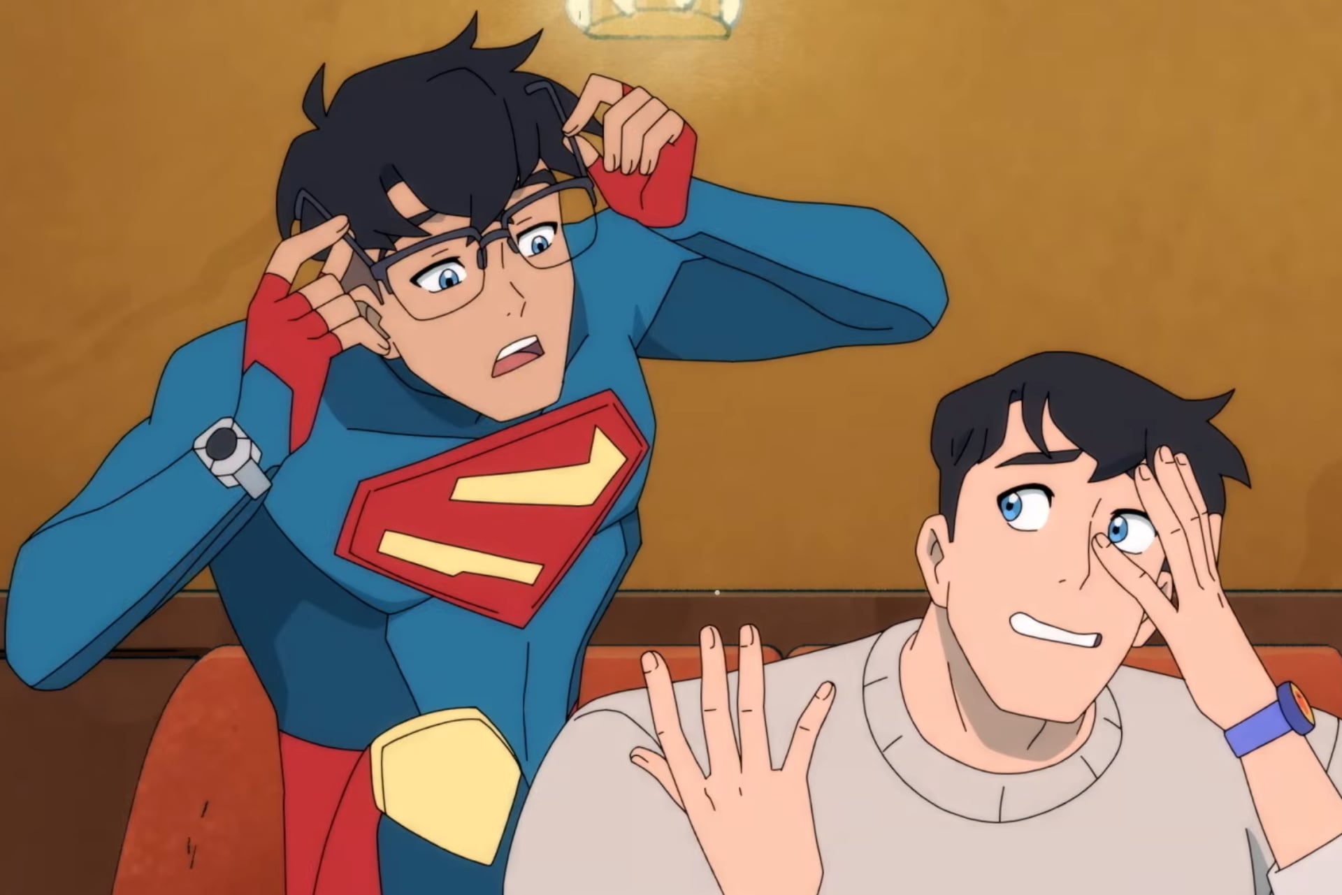 My Adventures With Superman image of Superboy wearing Clark Kent's glasses.