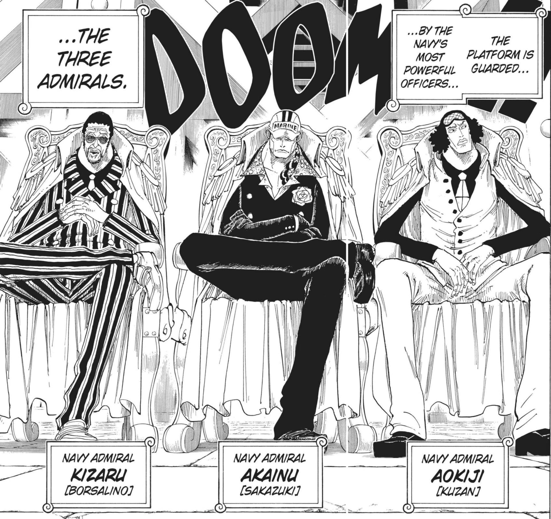 One Piece manga panel of the three vice admirals. 