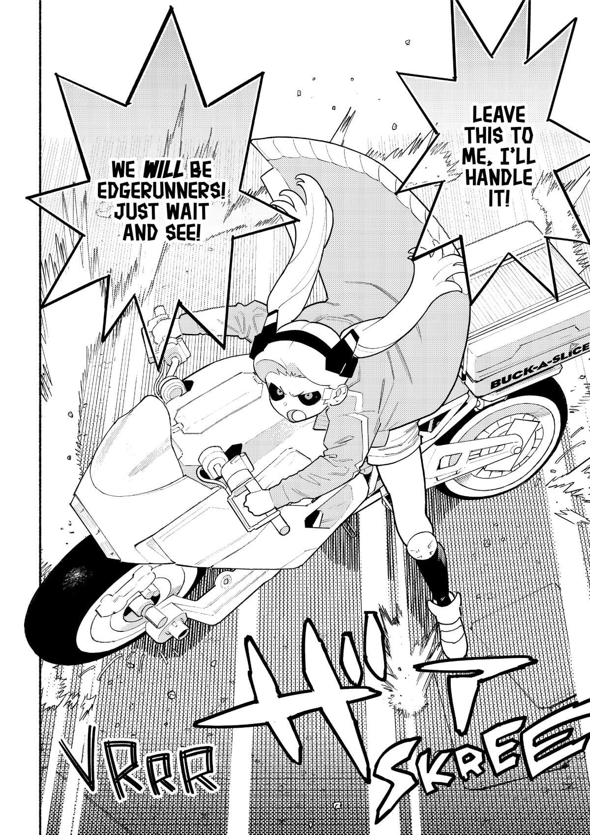 Cyberpunk Edgerunners Madness page of Rebecca drifting on a motorcycle.