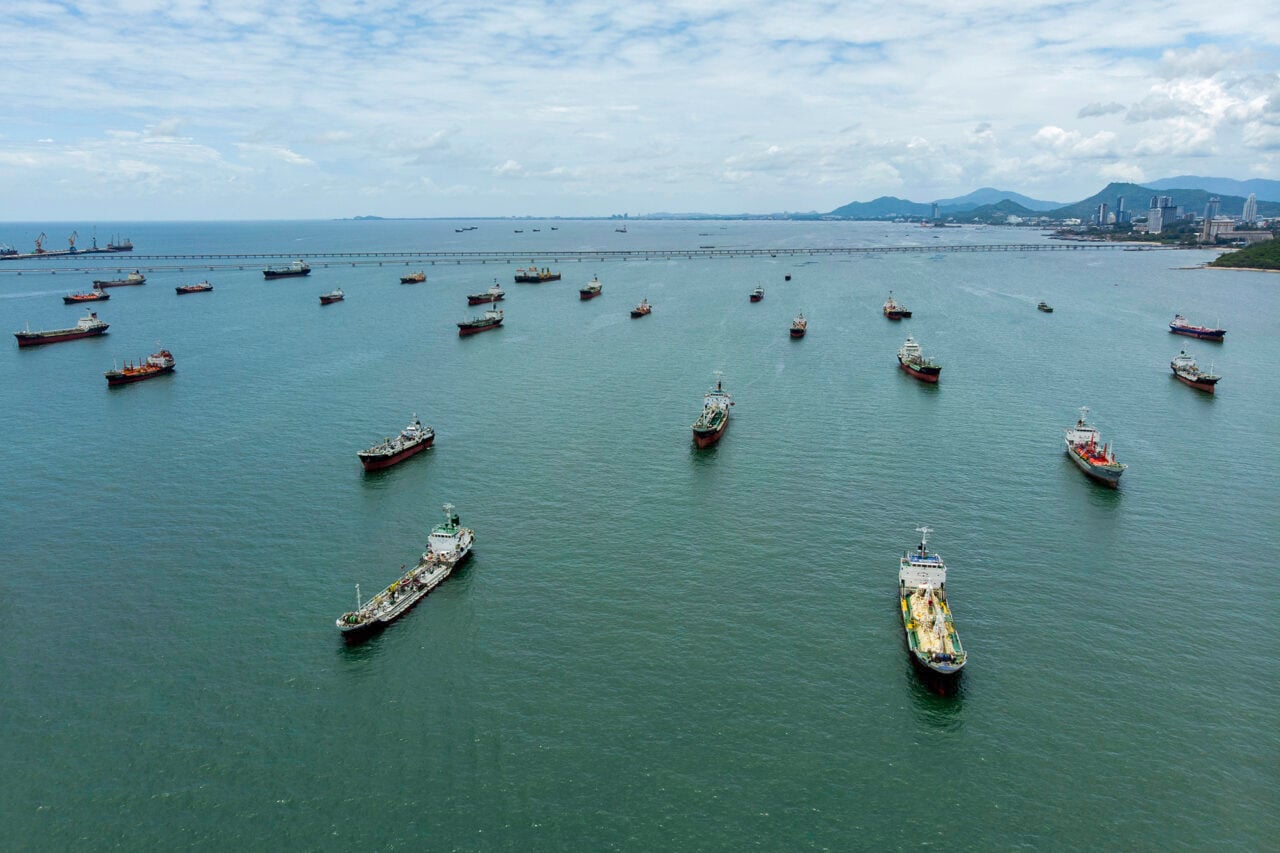 Oil Tankers And Gas Tankers Were Affected By The Closure Of The Strait Of Hormuz, Leading To A Global Energy Crisis Stemming From The War In The Middle East.(aerial View)