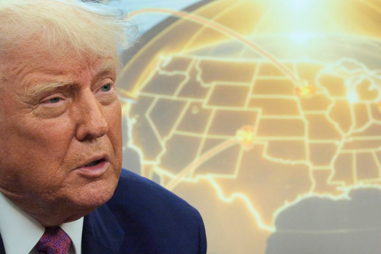 U.S. President Donald Trump speaks in front of a map of Trump's proposed "Golden Dome" missile defense system in the Oval Office at the White House on May 20, 2025 in Washington, DC.