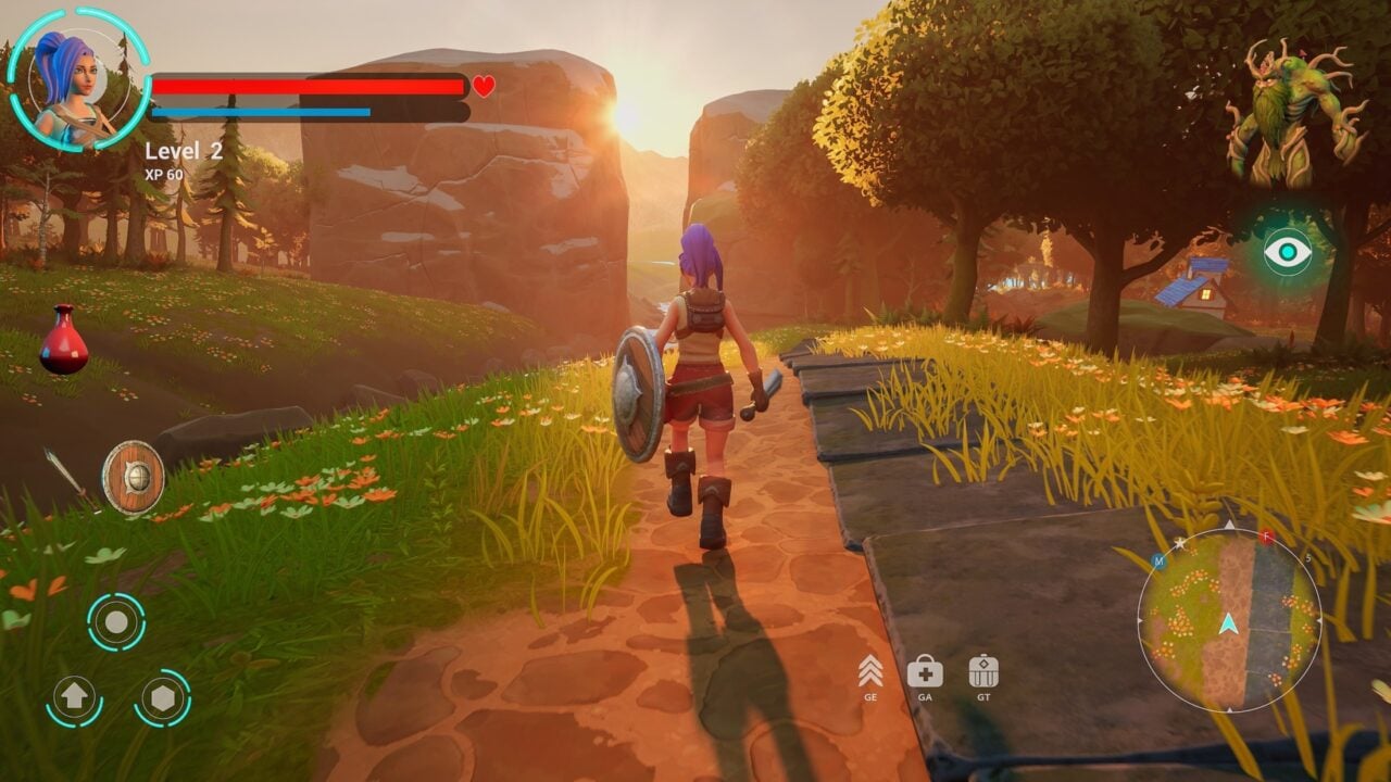 Fun Arcade Role Playing Video Game For Mock Up Gaming Content: Gameplay Of 3d Fantasy Game Featuring Female Hero Character Wielding Sword And Shield, Going On Adventure In Beautiful Forest. 3d Render