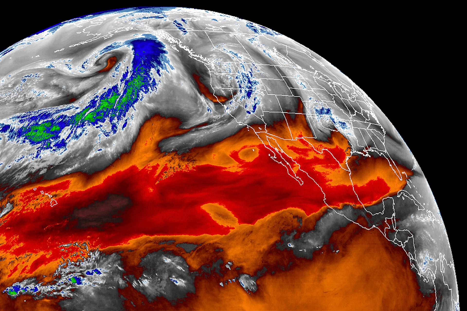 NOAA’s GOES West satellite traces an atmospheric river’s “conveyor belt” of warm moist air  over the Pacific Ocean in late January 2020.