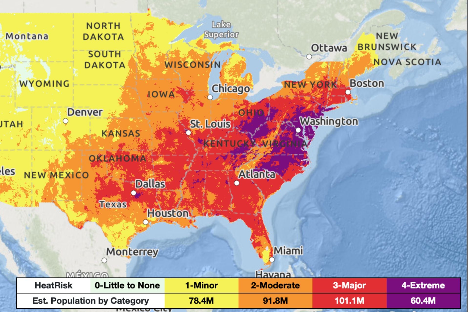 A map of predicted heat risk across the Eastern U.S. on July 4, 2026. 