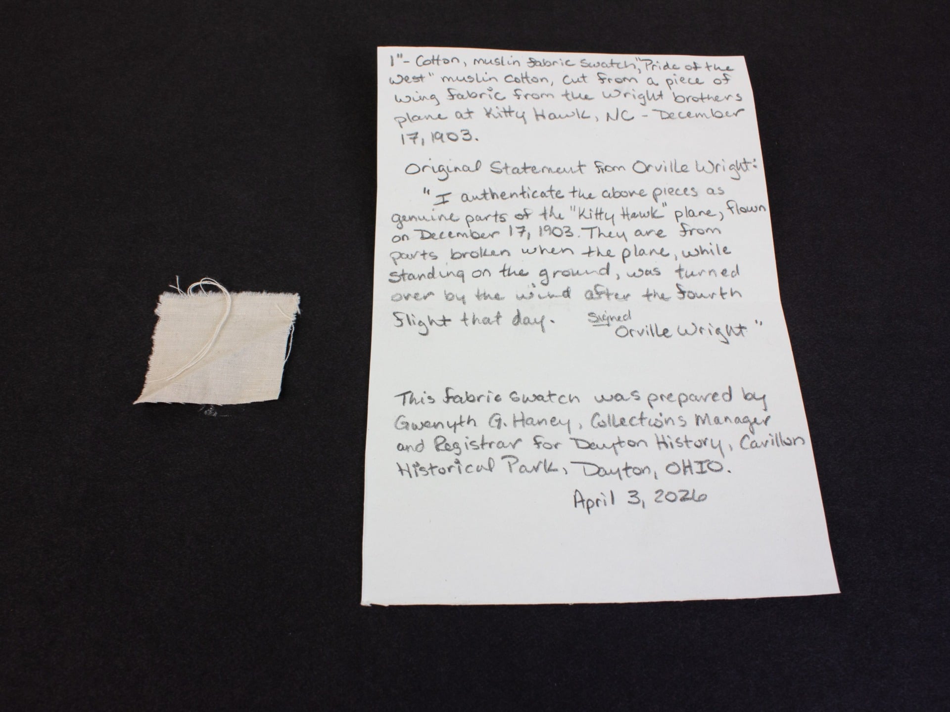 Fabric from the Wright Brothers’ 1903 flight at Kitty Hawk, North Carolina.