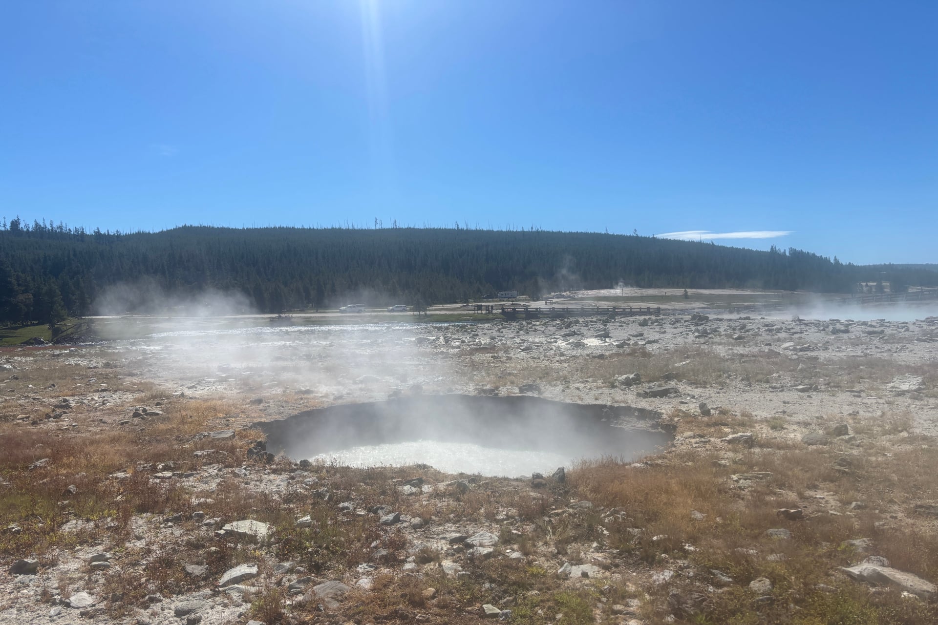 Pool of boiling water that formed a few days after the June 13, 2026, hydrothermal explosion at Biscuit Basin, Yellowstone National Park.
