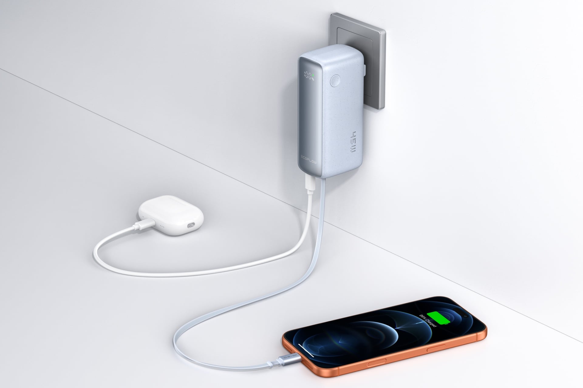 Ecoflow Rapid 3 In 1 plugged into a wall, charging two devices