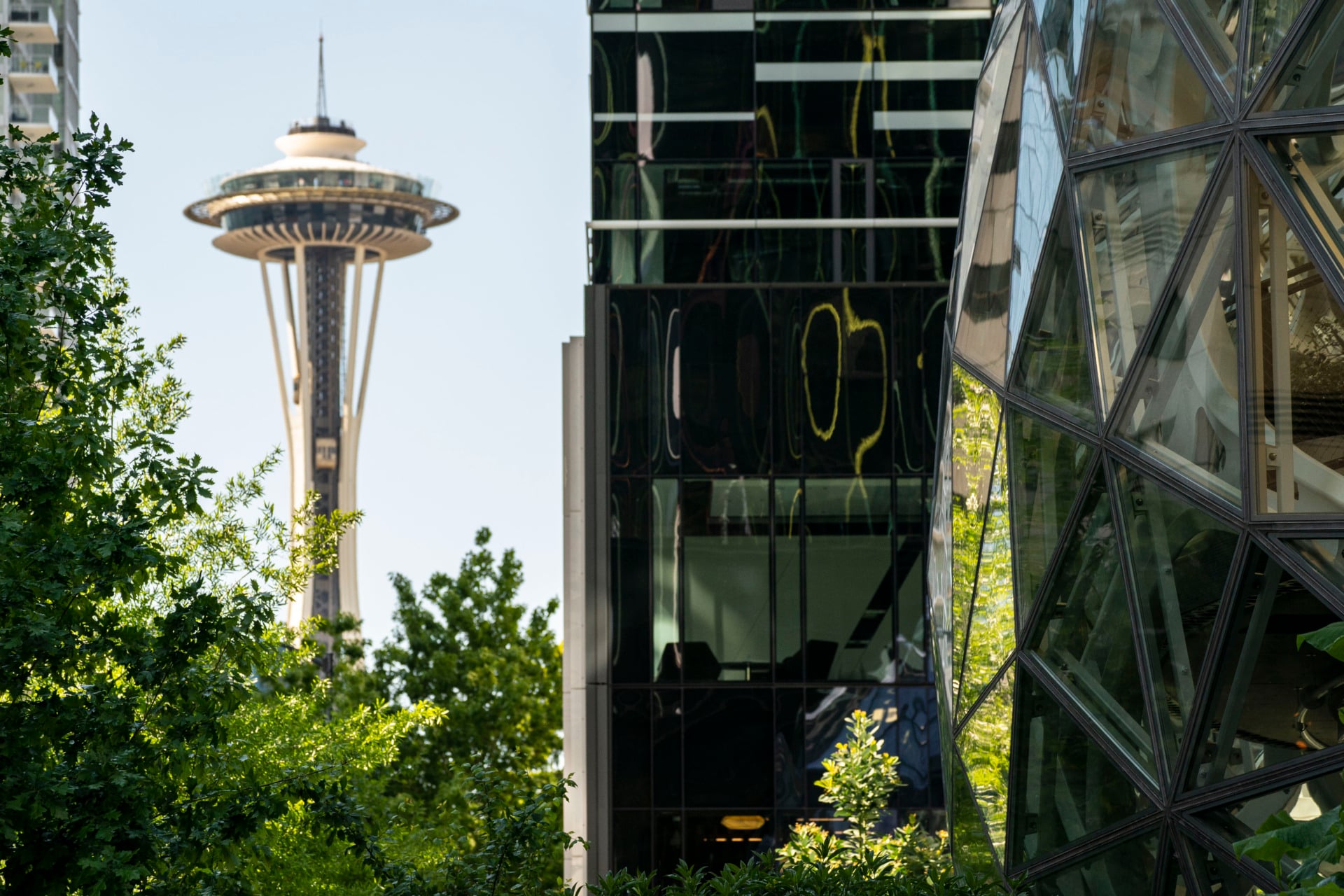 Amazon Spheres in Seattle with Seattle Space Needle in background
