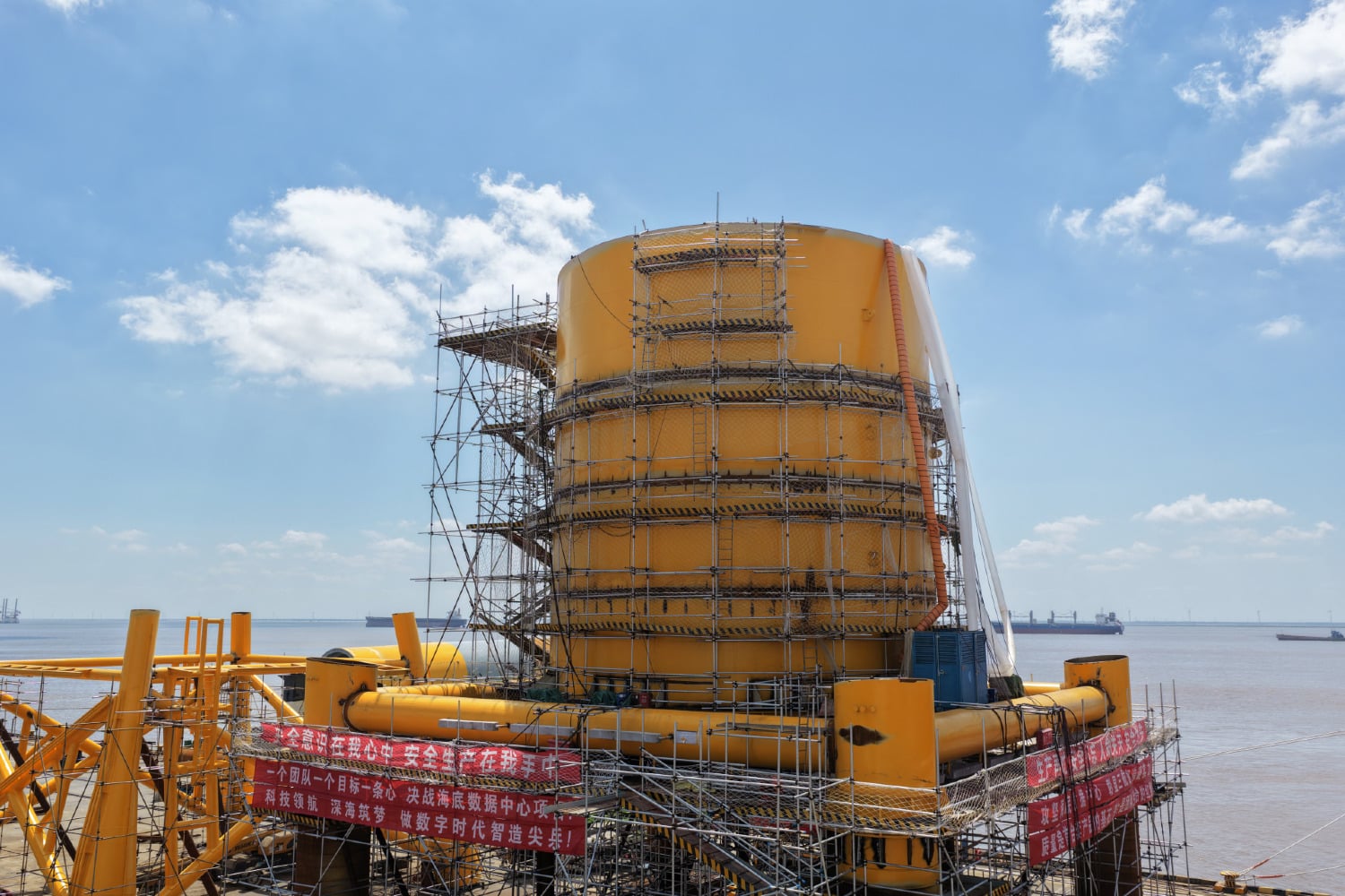 An underwater data center being developed by Chinese maritime technology company Highlander is seen under construction at a shipyard in Nantong