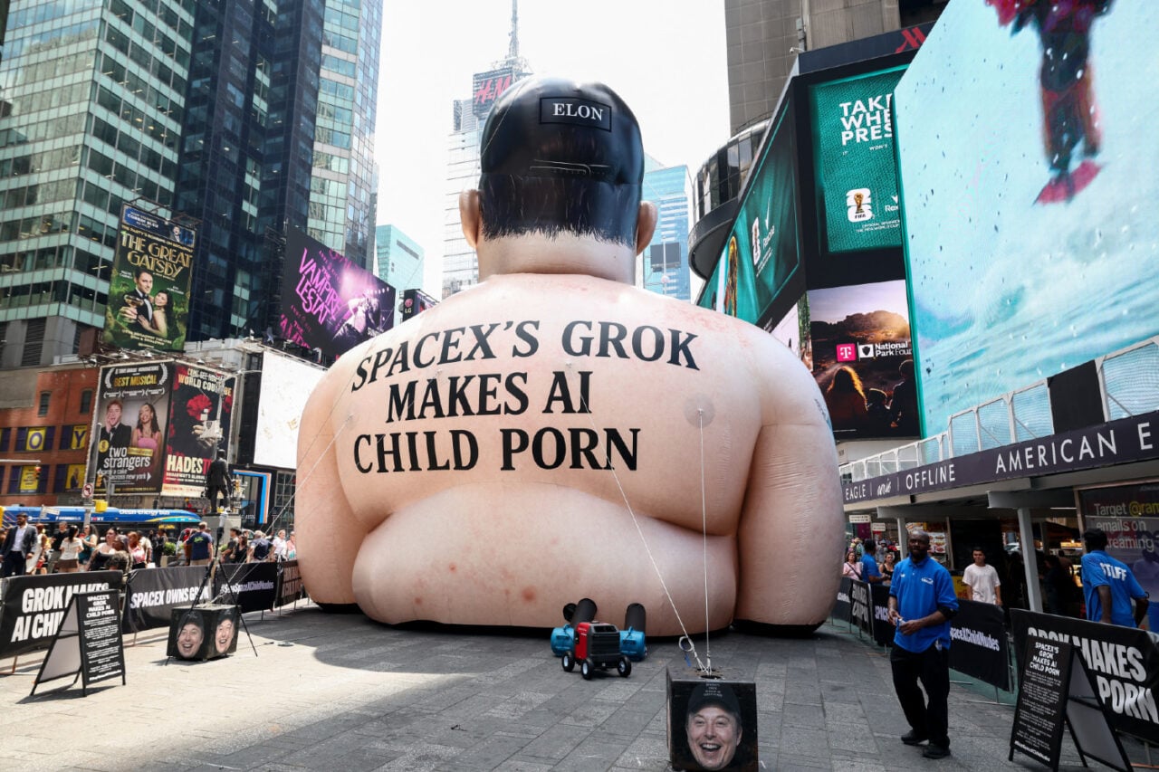 An inflatable effigy of SpaceX CEO Elon Musk in Times Square