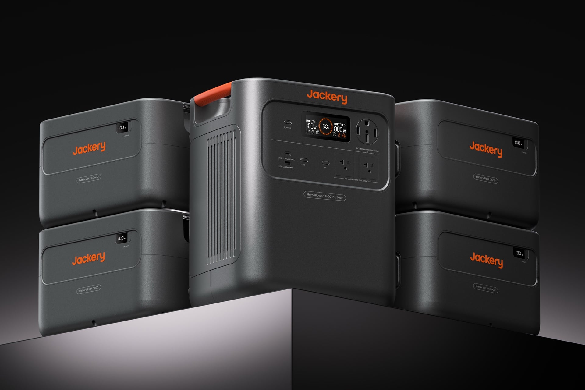 Jackery Homepower 3600 Pro Max with four expansion batteries stacked around it.