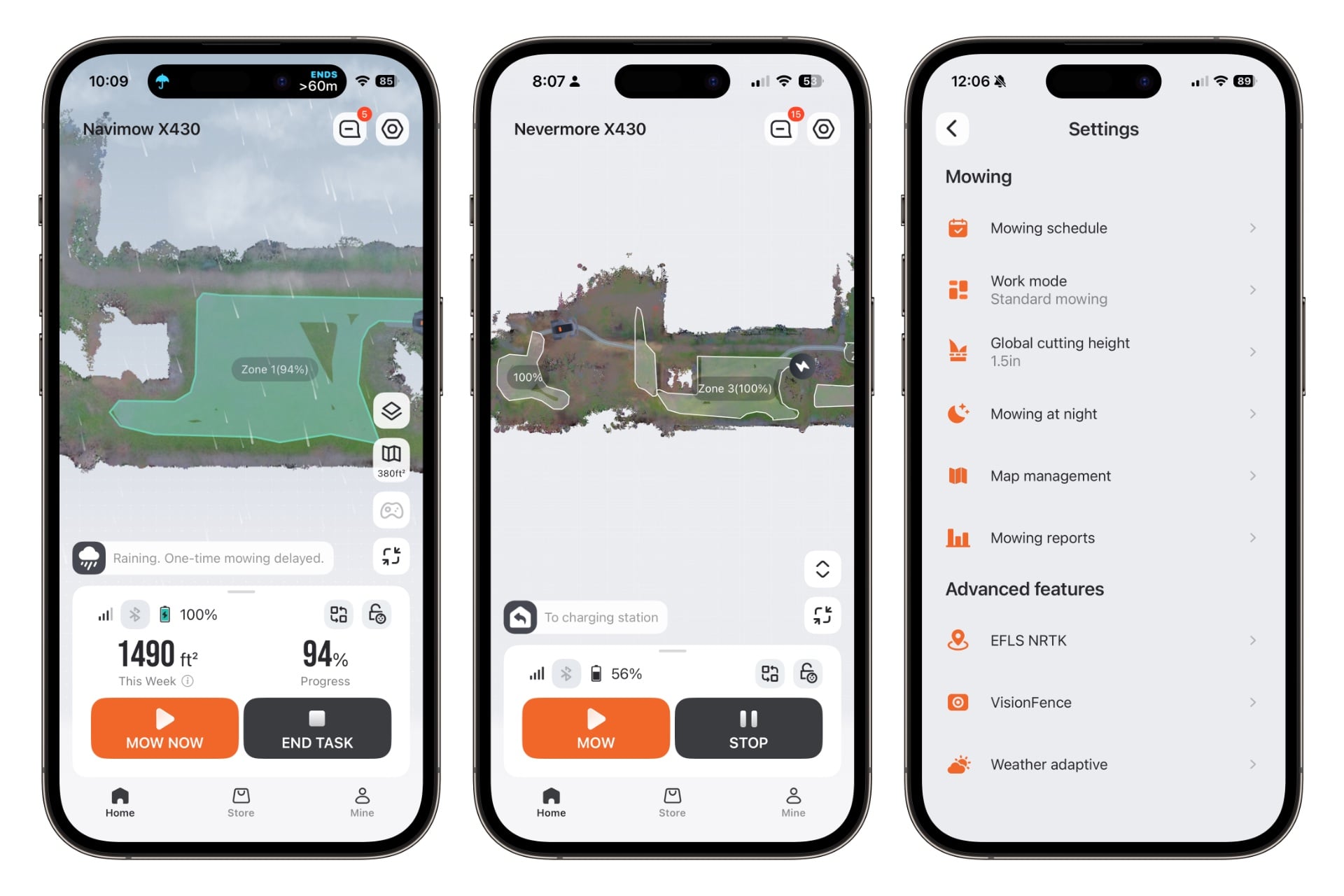 Three screenshots of the Navimow app.