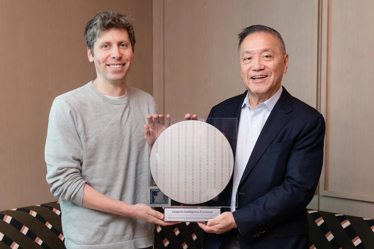 OpenAI CEO Sam Altman and Broadcom CEO Hock Tan hold the new Jalepeño chip.