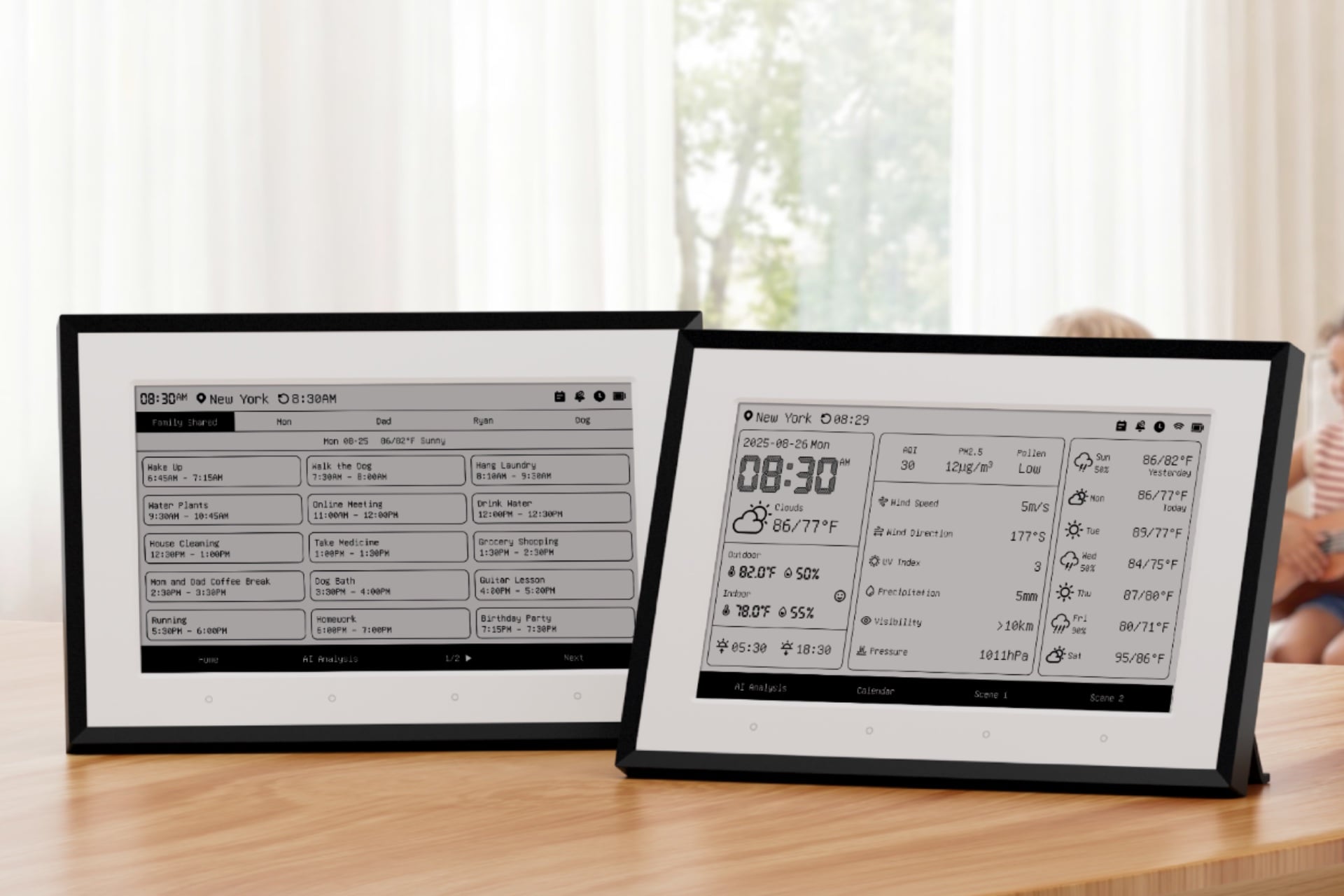 Two SwitchBot Weather Stations, one showing a calendar view and the other weather.