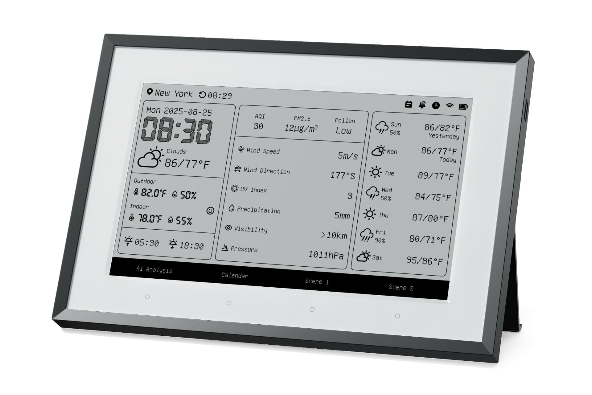 Picture of the Switchbot Weather Station showing the time and weather conditions.
