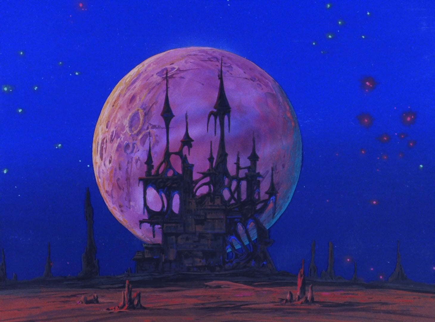 Vampire Hunter D still of a giant castle in front of the moon.