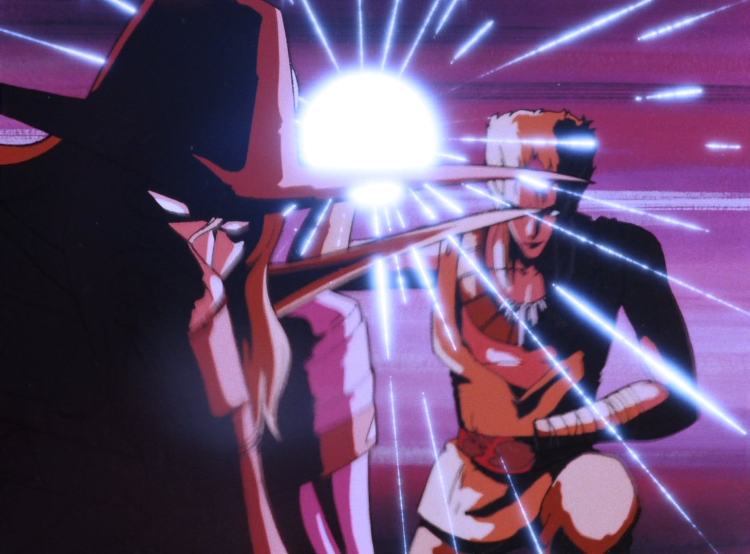 Vampire Hunter D still of Rei-Gensei holding a time-bewitching incense lantern next to D.