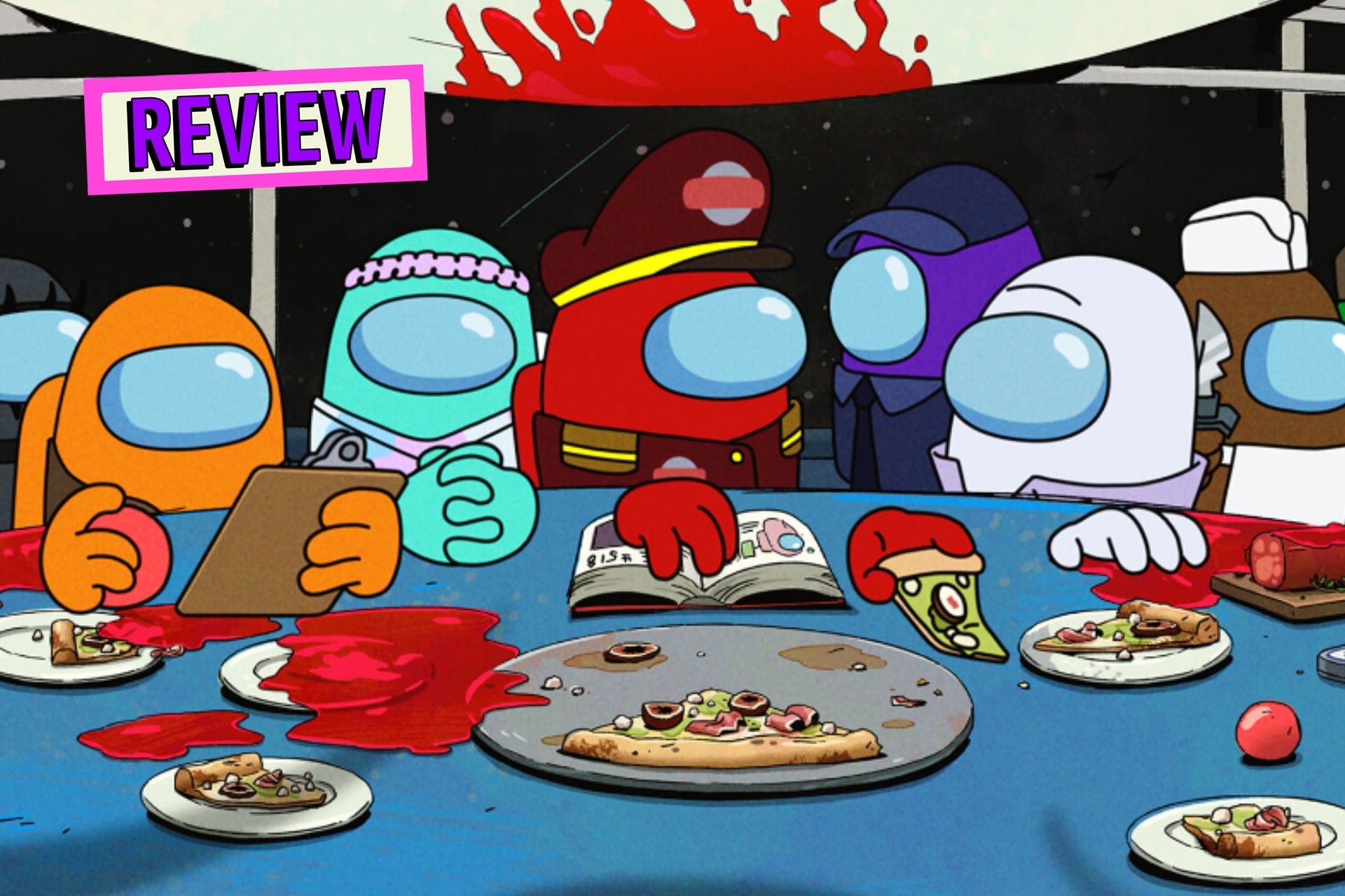 Among Us key visual of crew eating pizza covered in blood.