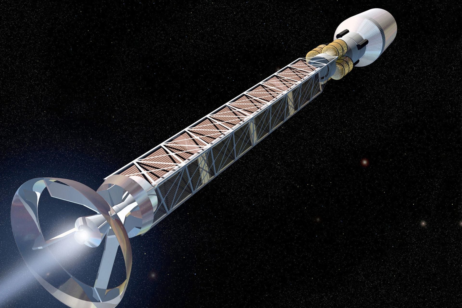 An artistic rendering of an antimatter propulsion spacecraft. 