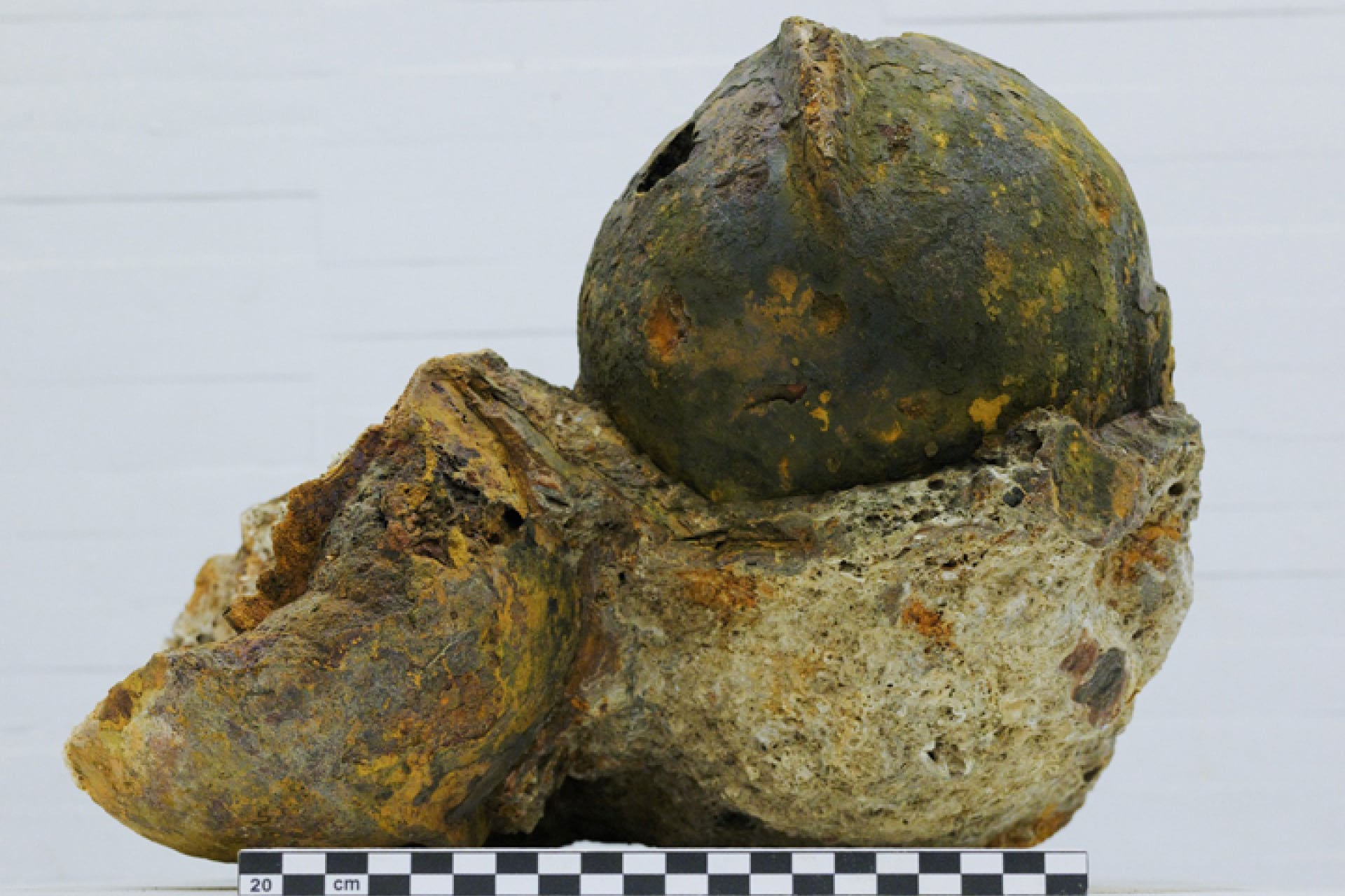 Rusted, fragmented iron helmets, with traces of paint and patina.