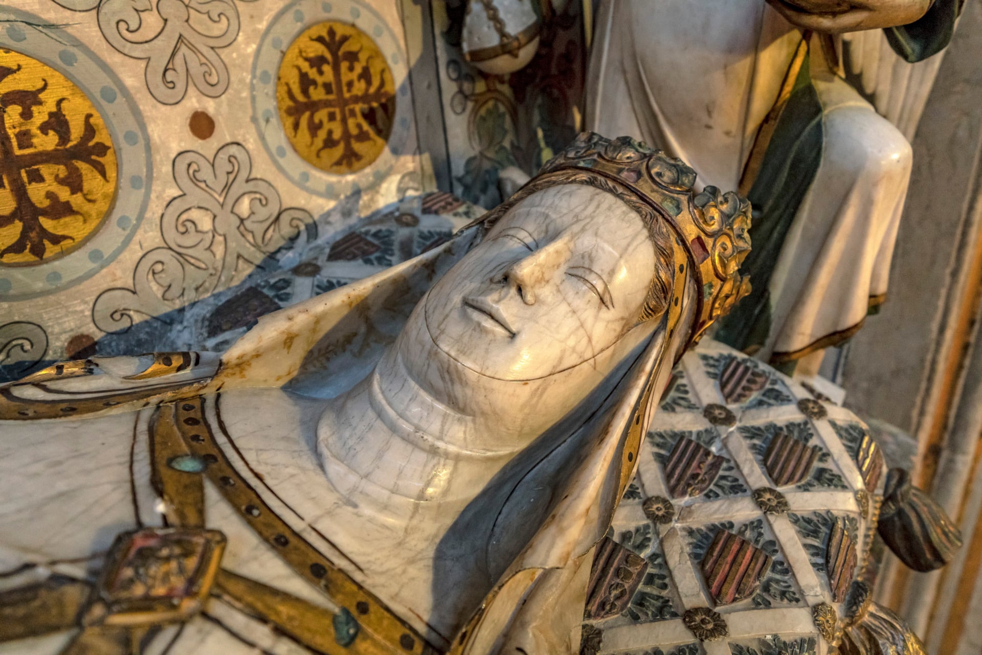 A close-up of the tomb of Elisenda of Montcada at the Royal Monastery of St. Mary of Pedralbes.
