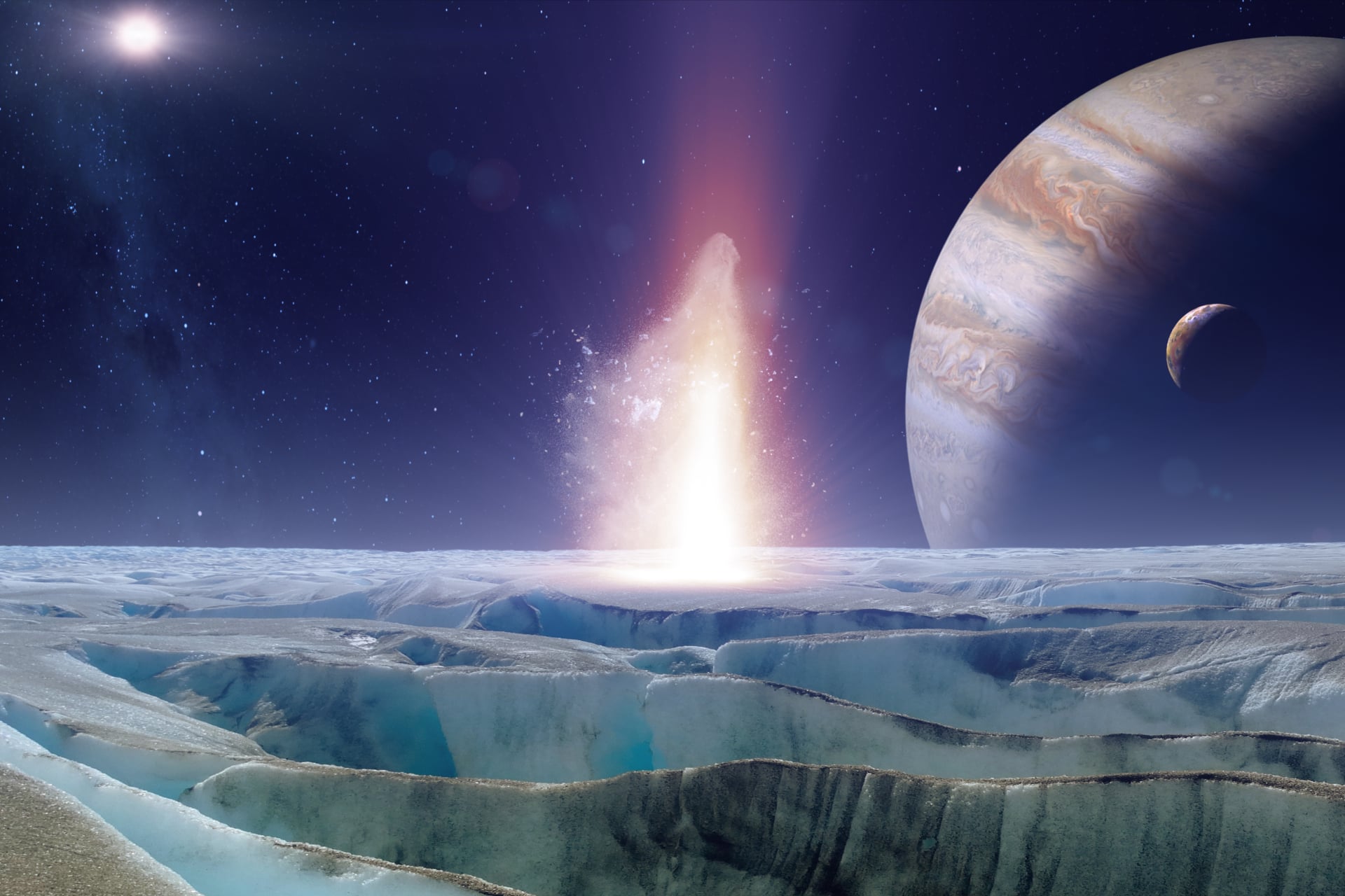 An artist's impression of an asteroid landing on Europa's icy surface.
