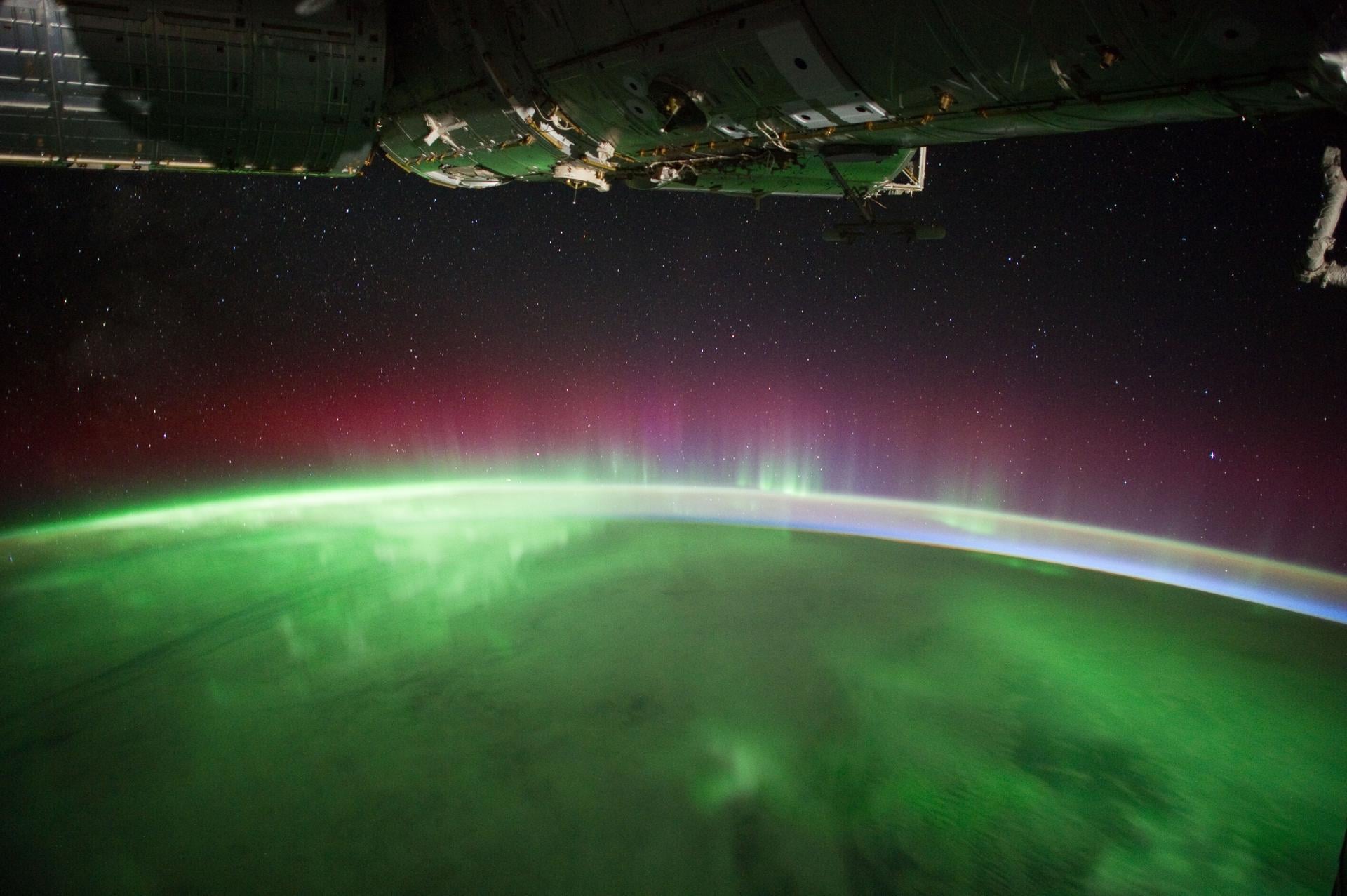 A view of auroras caused by geomagnetic storms, taken aboard the International Space Station.