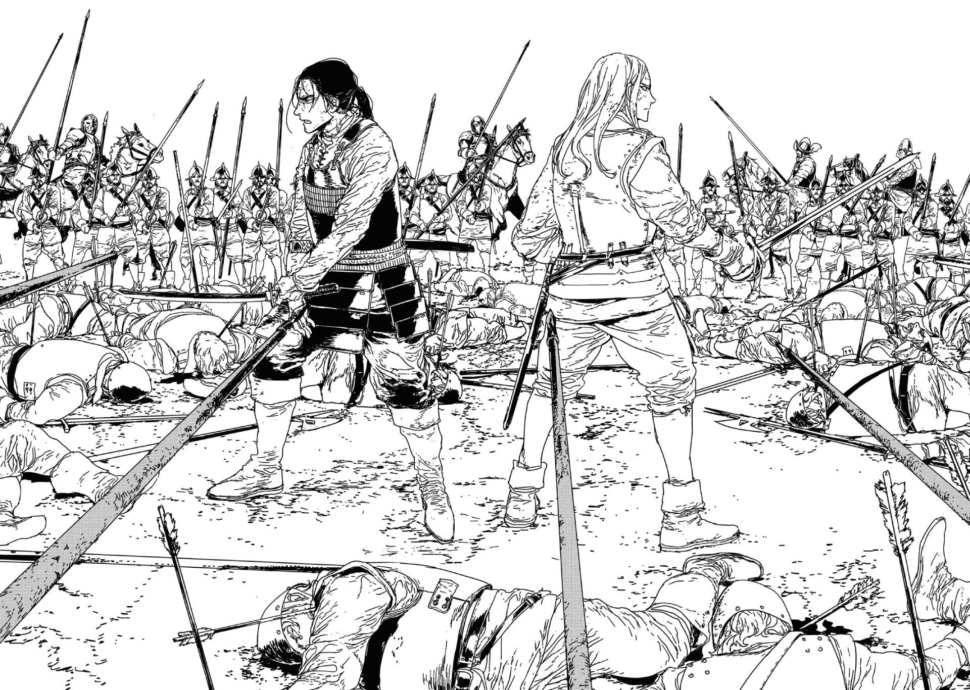 Issak manga page of Issak and Heinrich fighting off soldiers.