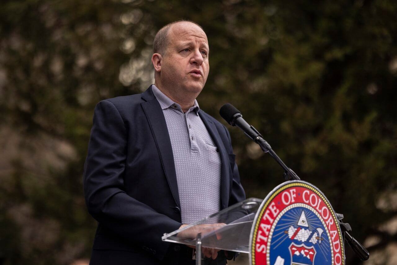 Colorado Governor Jared Polis speaks during a community gathering at the site of an attack against a group people holding a vigil for kidnapped Israeli citizens in Gaza oin Boulder, Colorado on June 4, 2025.
