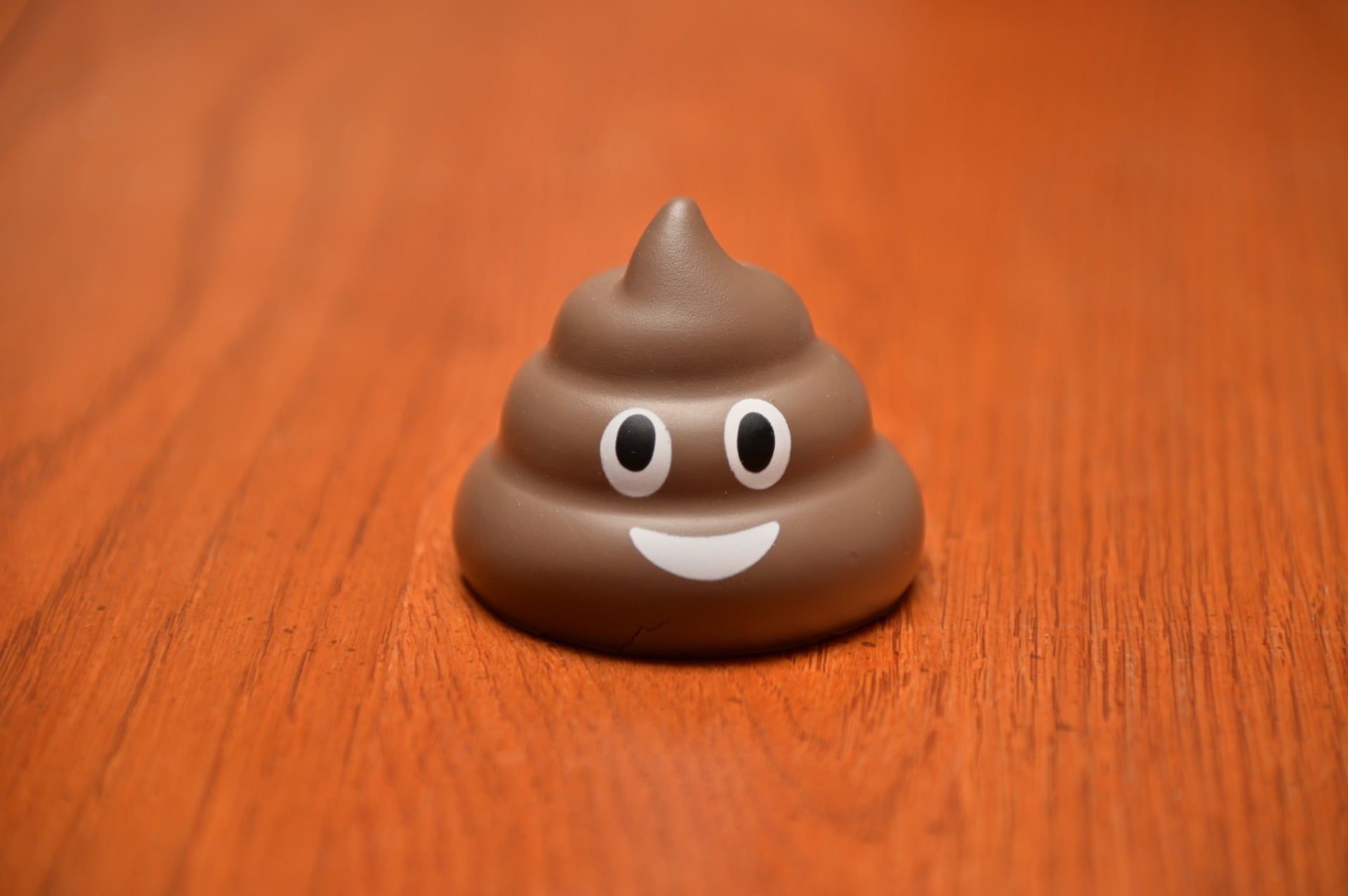 Brown poop emoji toy on a table.