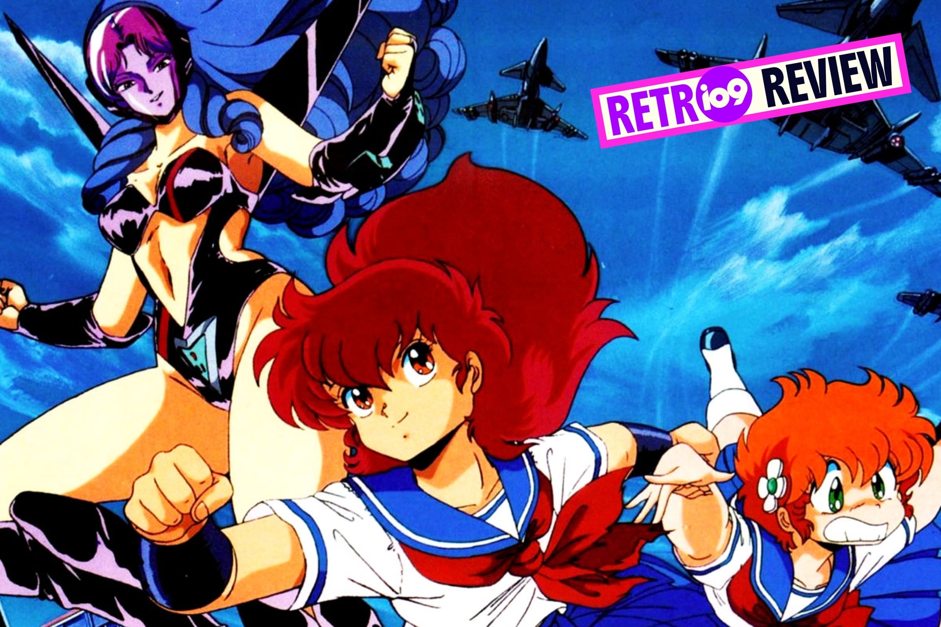 Project A-Ko key visual of its heroines running from airplanes.