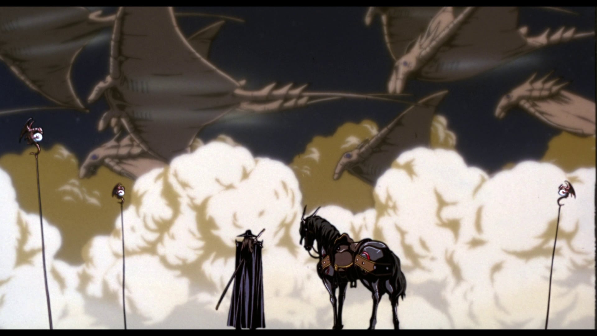 Vampire Hunter D: Bloodlust still of D watching giant beasts emerge from the desert.