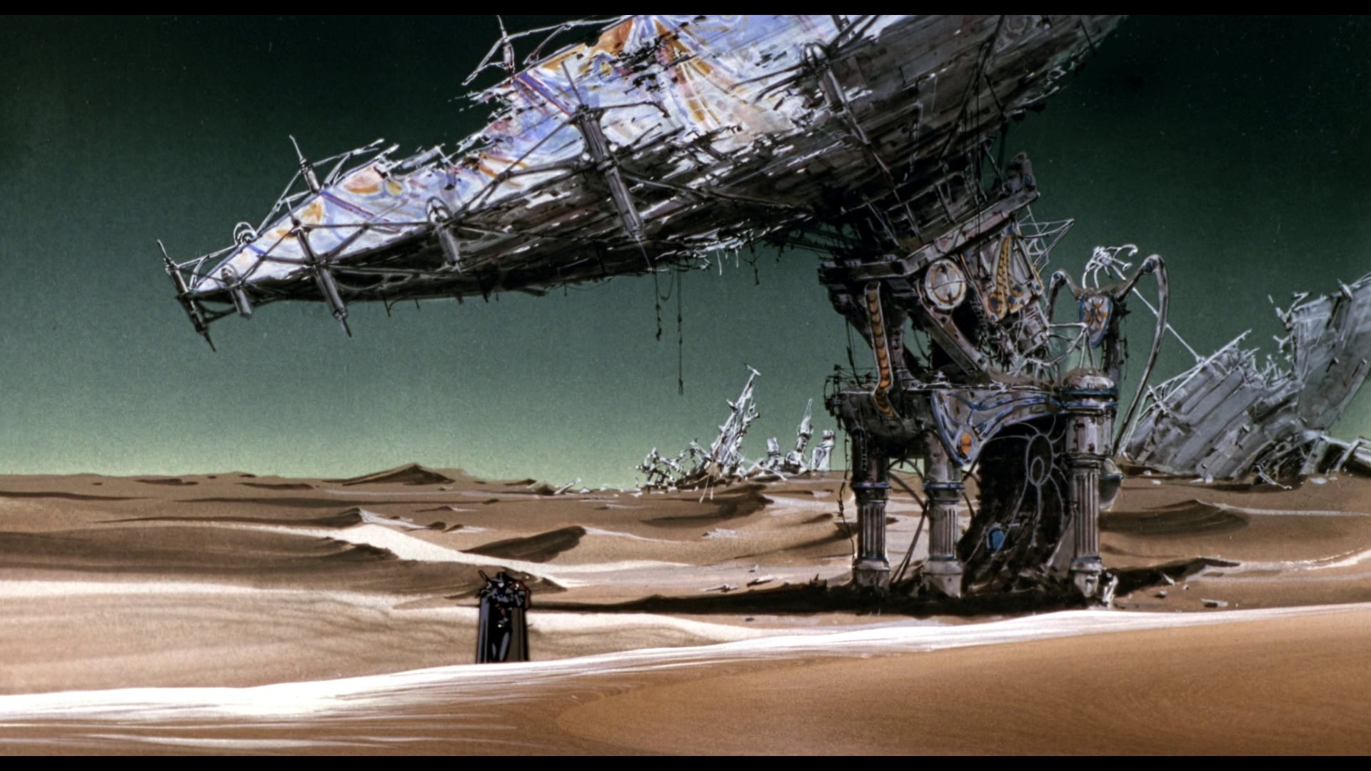 Vampire Hunter D: Bloodlust still of D traveling past a satelite in the desert.