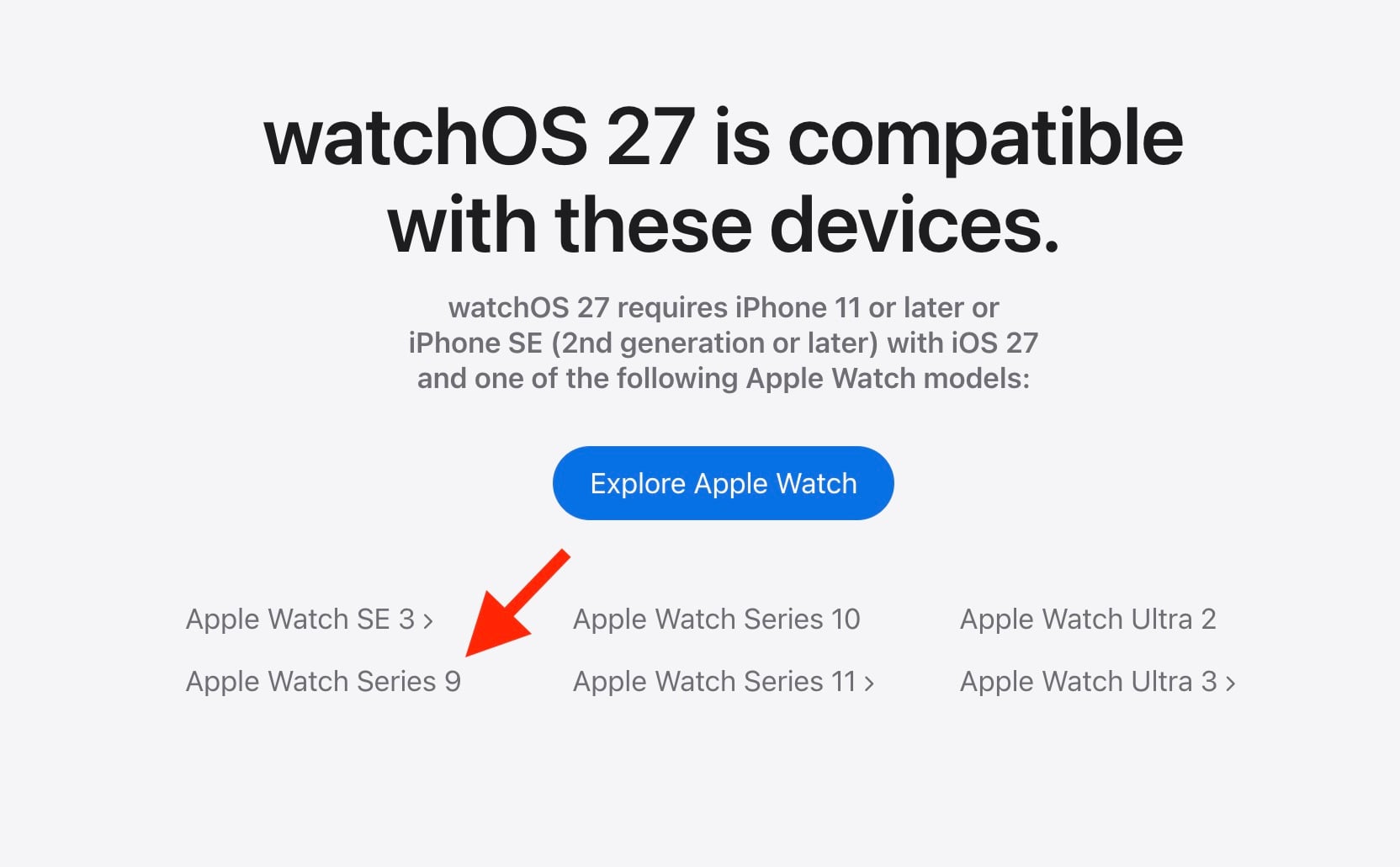 אתר Apple watchOS 27 עודכן כדי להראות תמיכה עבור Apple Watch Series 9