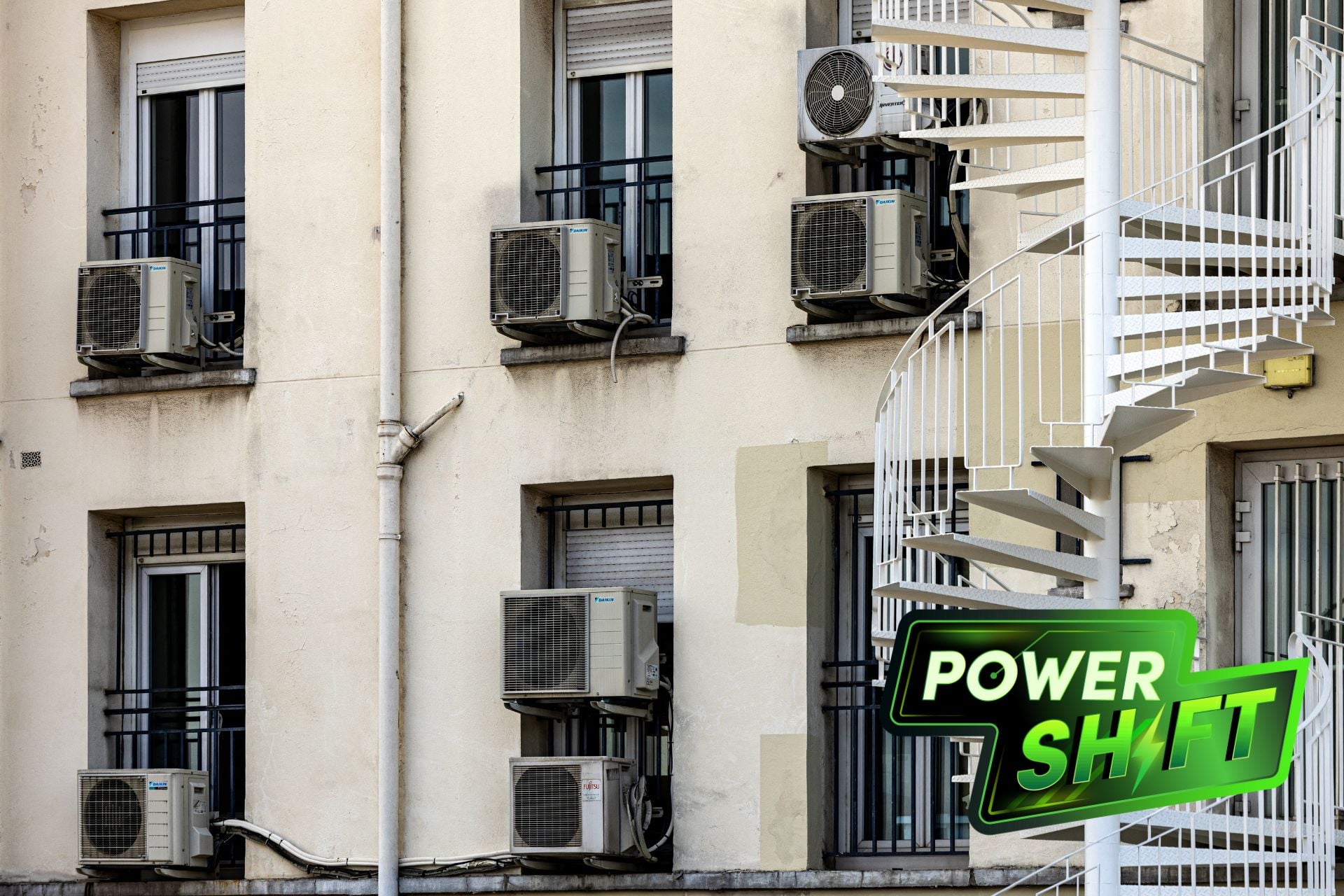 Condensers of air conditioning units outside apartments in Paris on July 20, 2026.