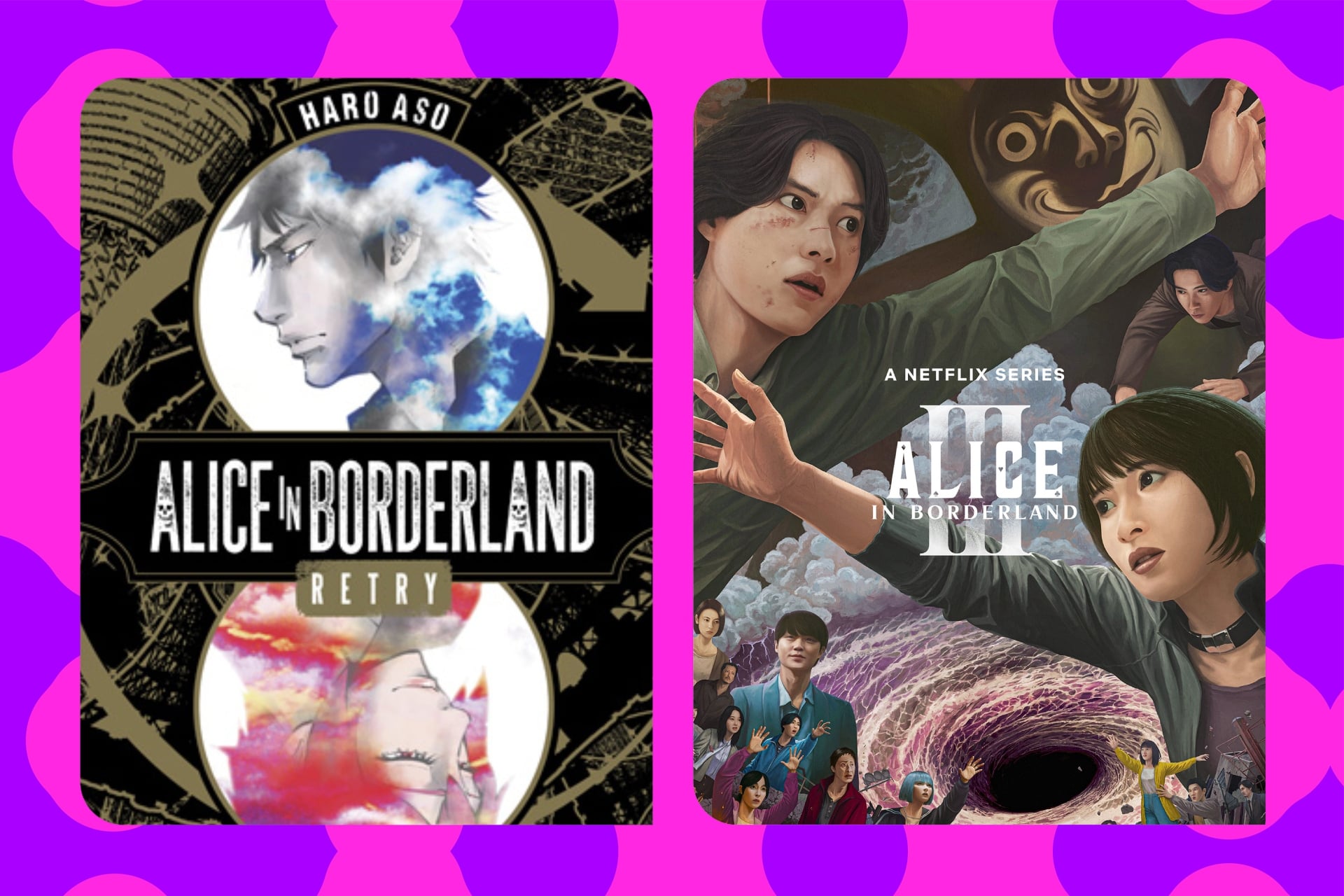 Alice In Borderland collage of the Viz Media manga and Netflix series.