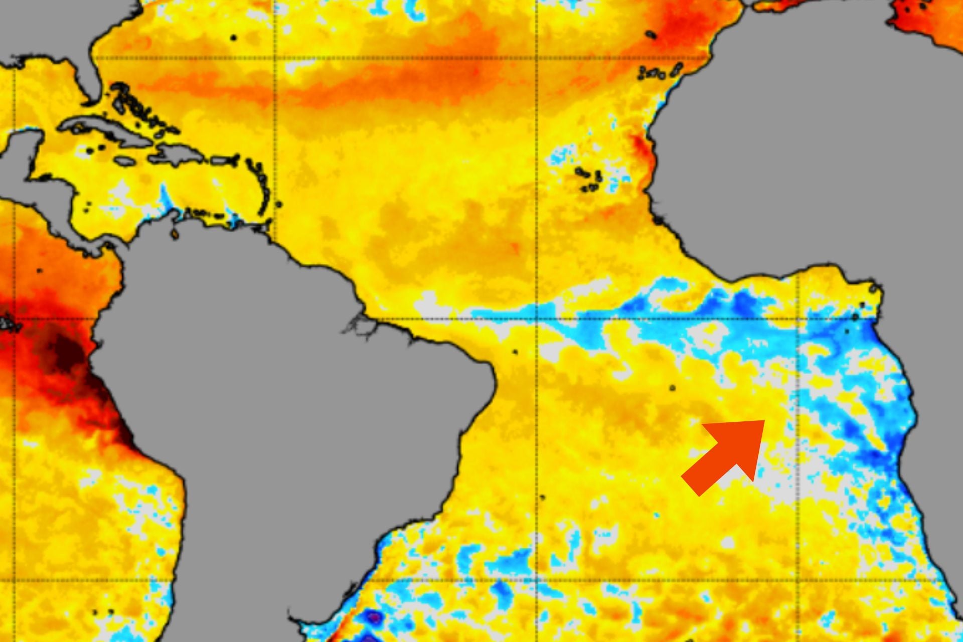 A map of global sea surface temperature anomalies on July 15, 2026, showing a significant region of below-average sea surface temperatures off the western coast of Africa.